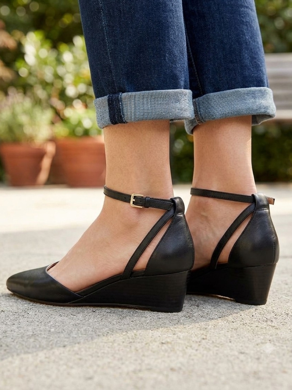 Talbots Laney De'Orsay Women's Black Ankle-Strap Wedge Pumps Size 7.5m